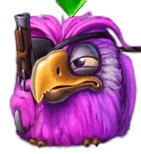 Purple Parrot collector with pink-purple plumage and fluffy beard
