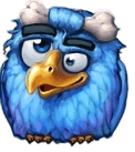 Blue bird wearing brown winter hat at maximum level