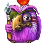 Purple bird wearing crown and holding scepter at maximum level